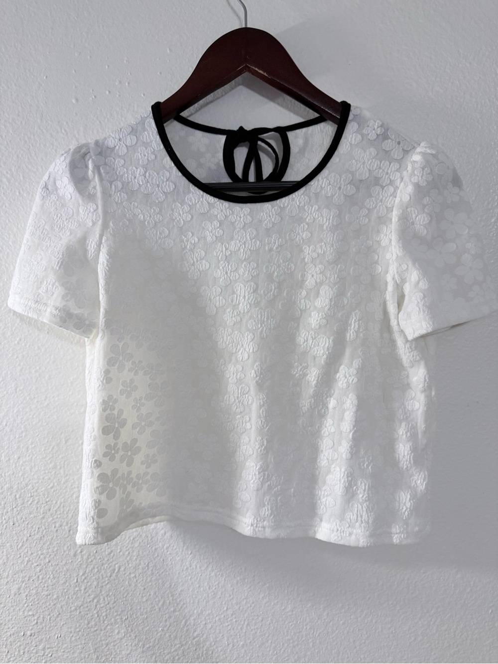 White Floral Jacquard Crop Top with Black Tie Neck